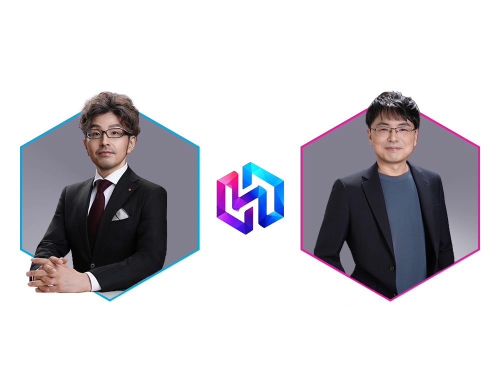 HexLabの役員2人とロゴマーク